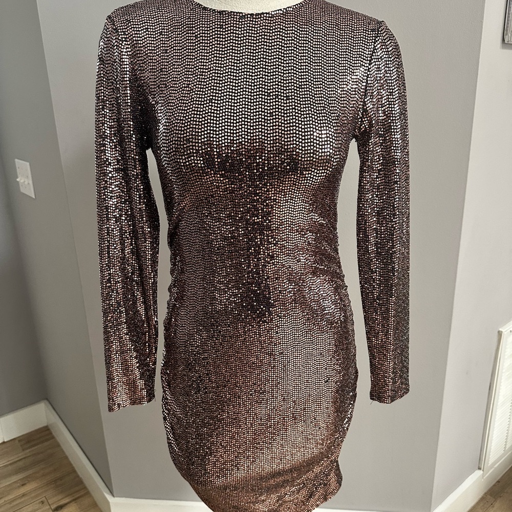 L'AGENCE Metallic Long Sleeve Dress in Bronze